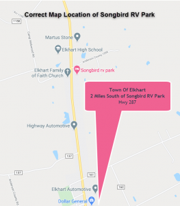 Songbird Rv Park Elkhart TX Corrected Map Directions