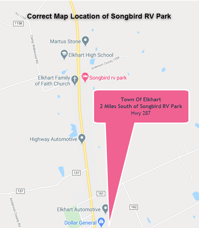 Songbird Rv Park Elkhart TX Corrected Map Directions